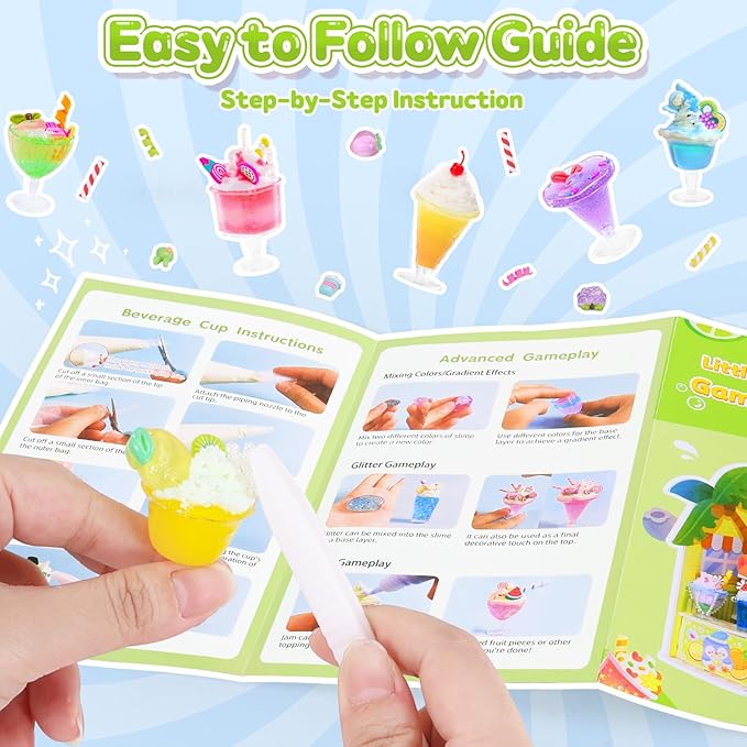 DIY Mini Drink Shop Toy, Making 24 Miniature Juice Drinks Cream Material Kit, NOT Edible, Collectible, Kitchen Pretend Play Food Toys Set, Make Your Foods, Gift for Kids Age 8+