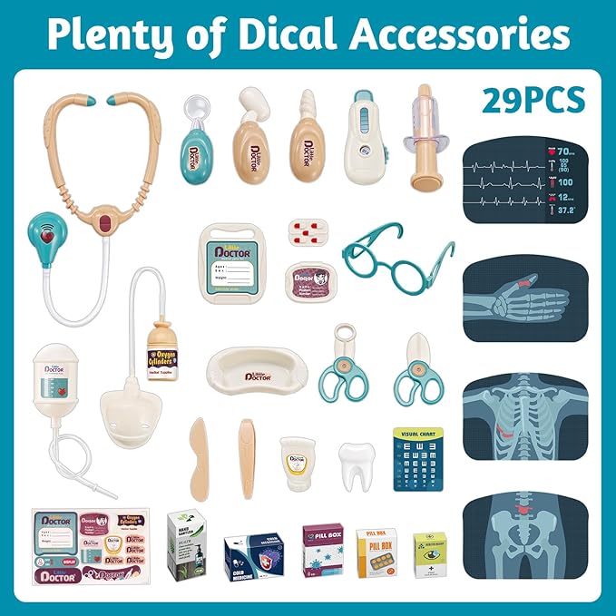 29 Pcs Doctor Kit for Toddlers 3-5 Pretend Play Toys Dentist Set Vet Medical Mobile Cart with Sound & Light Xray Stethoscope Toddler Doctor Play Set 3 4 5 Year Old Girls Gift Christmas