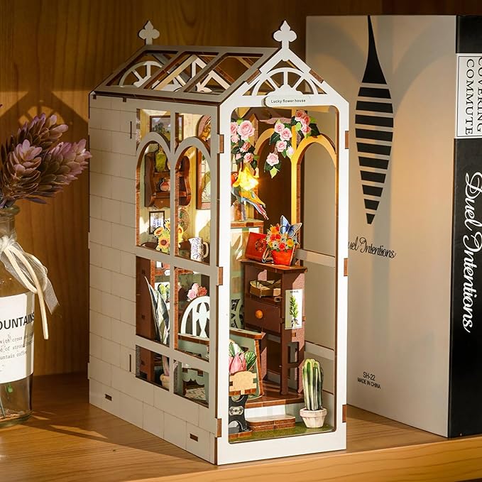 DIY Book Nook Kit, 3D DIY Miniature Dollhouse Kit, Wooden Booknook Bookshelf Insert Decor, Wood Dollhouse Bookend Model, Gift for Adults, Garden House