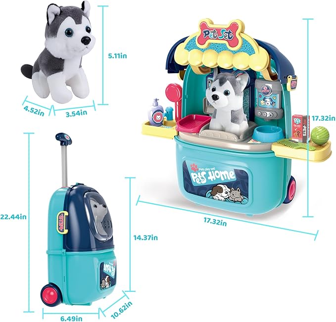 MAGIC4U Pet Cat Care Carrier Suitcase Toy, 29PCS Doctor Vet Kit for Kids, Pet Dog Grooming Feeding Toys, Veterinarian Pretend Play Set, Gifts for Boys and Girls Ages 3-12