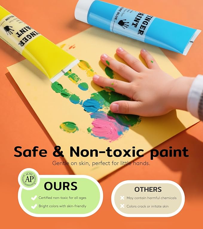 TMOL Washable Finger Paint for Toddlers, 25 PCS Non-Toxic Finger Paints, 10 Vibrant Colors (2fl oz), Baby Paint for Hand and Feet, Safe Art Supplies, Early Learning Gifts for Kids Age 3+