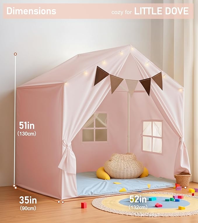 Kids Tent, Play Tent with Star Lights, Large Play Tents with 2 Windows, Kids Playhouse Indoor & Outdoor, Reading Nook, Christmas Toddler Tents for Girls & Boys, 52" x35" x 51", Pink