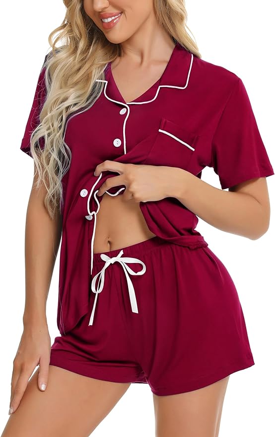 SWOMOG Womens Button Down Pajamas Set Short Sleeve Sleepwear Bride Soft Pj Lounge Sets XS-3XL