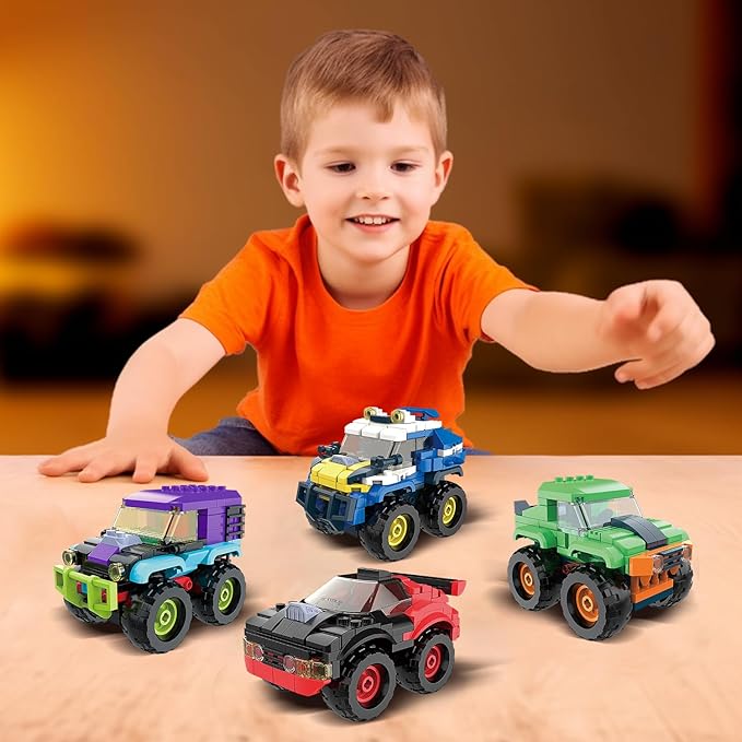 4 Pack Monster Truck Micro Brick Building Blocks Set, Pull Back Car Toy Vehicles Set, Birthday Party Favor or Gift for Teens Ages 8+ Kids