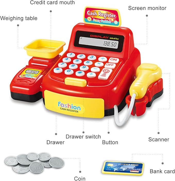 Children Mini Cash Register Toy Cashier Role Play Supermarket Shopping Checkout Money Till Toy Educational Learning Pretend Playset for Kids Girls Boys