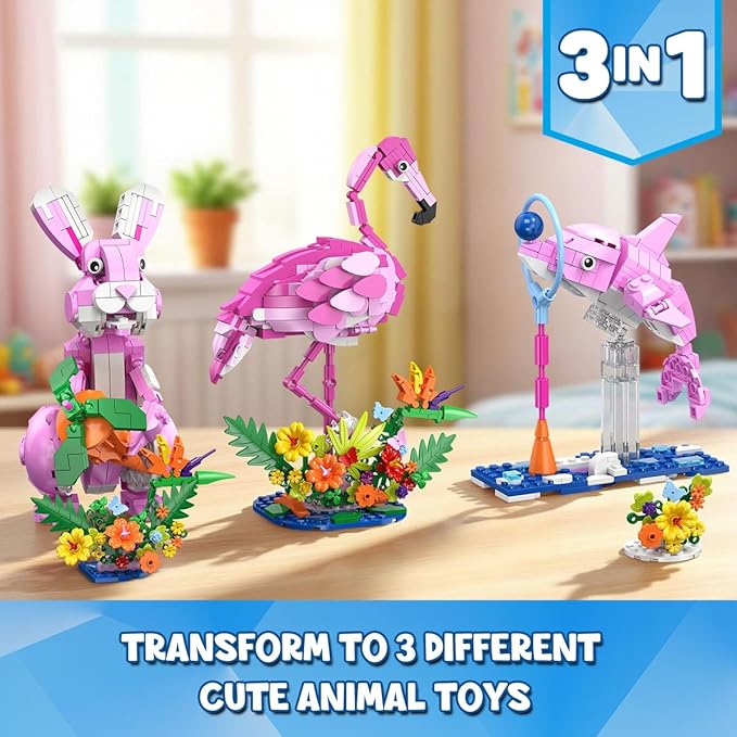 HOGOKIDS 3 in 1 Pink Flamingo Building Set with Flowers, Animal Figure with 3 Building Options - Flamingo, Bunny, or Dolphin, 558PCS Creative Easter Birthday Gift, Learning Toy for Kid Girl Boy Age 6+
