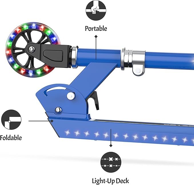 Jetson Jupiter Kids 2-Wheel Light-Up Kick Scooter, LED Lights on Handlebar, Stem, Wheels & Deck, Adjustable Handlebar, Rear Brake, Easy-Folding Mechanism, Ages 5+