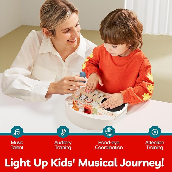 TOP BRIGHT DJ Music Busy Board - Wooden Toddler Toys for Boys and Girls，Montessori Sensory Toy with 14 Activities with Sound Blocks, Portable Travel Toy for 18M+