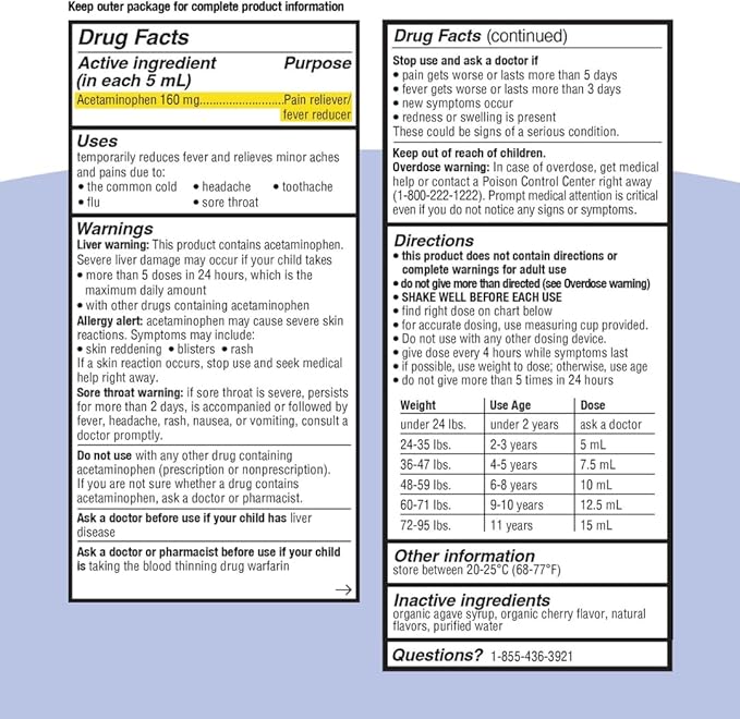 Genexa Children's Clean Acetaminophen | Pediatrician Preferred Ingredients | Pain & Fever Reducer for Kids | Dye Free, 0% Artificial Additives | Ages 2-11, Delicious Organic Cherry Liquid, 4 fl oz