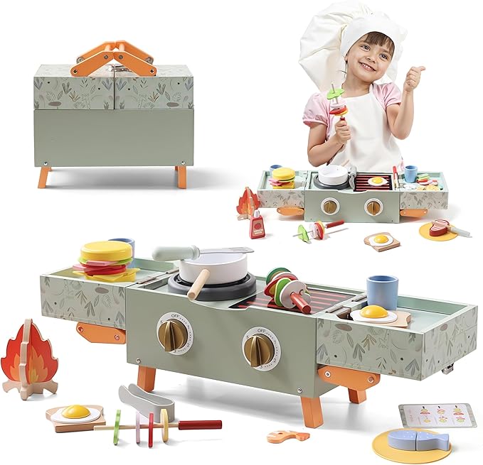 Wooden Kids Grill Playset with Play Kitchen Accessories| Pretend Play Toys for Toddlers 3-5, Cooking BBQ Play Food Toy for 3+ Year Old Boys & Girls, Birthday Gifts for Kids