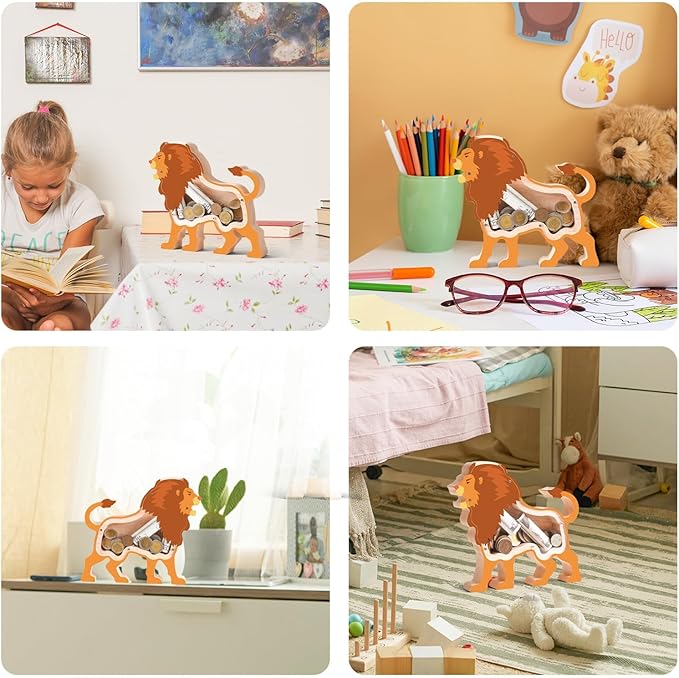 Wooden Lion Piggy Bank for Kids, Lion Piggy Bank with Acrylic Panels, Unbreakable Toddler Money Box for Boys Girls, Cute Kids Saving Coin Jar for Home Décor, Birthday