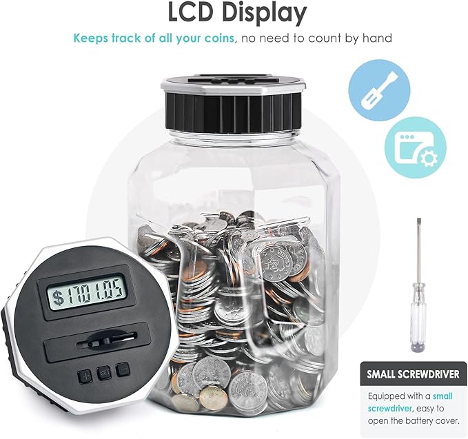 X-Large Piggy Bank for Adults Kids, Vcertcpl Digital Coin Counting Bank with LCD Counter, 2.4L Capacity, Great Coin Counter Bank Money Counting Jar with Total Amount Displayed (Silver, X-Large)