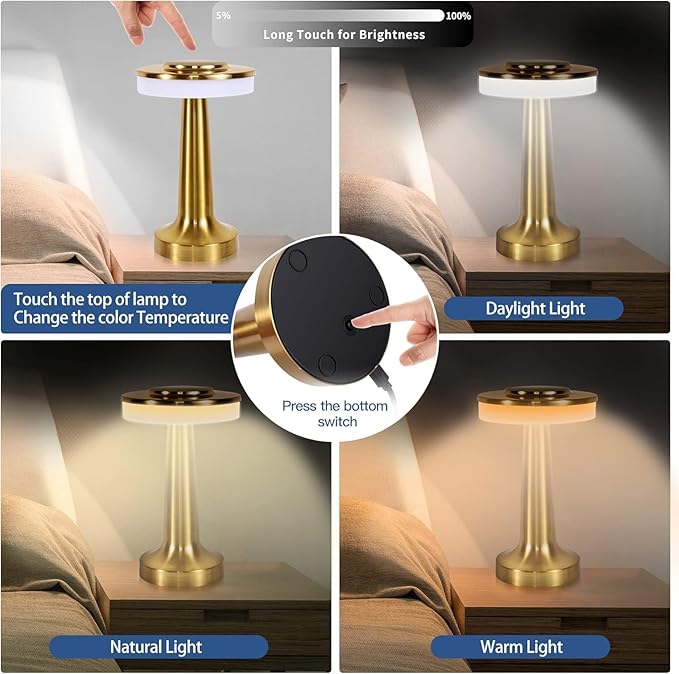 Table Lamp Desk Lamp, Table Sensor Control Beside Lamps, Kids Night Light with Stepless Dimming & Charging Completed Tip Light & 3 Colors Changing