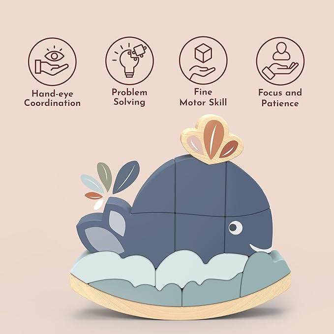 Speedy Monkey Rocking Stacker – Whale Balance Game, 13 Wooden Pieces, Fun Skill Challenge for Family, Develops Hand-Eye Coordination, Fine Motor Skills, Non-Toxic Paint, for Kids 2-6 Years