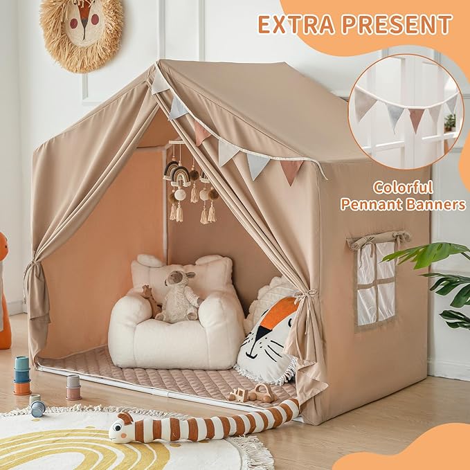 Kids Play Tent with Mat, Large Playhouse Tent Indoor, Kids Castle Tent for Girls Boys, Play Cottage (Khaki)