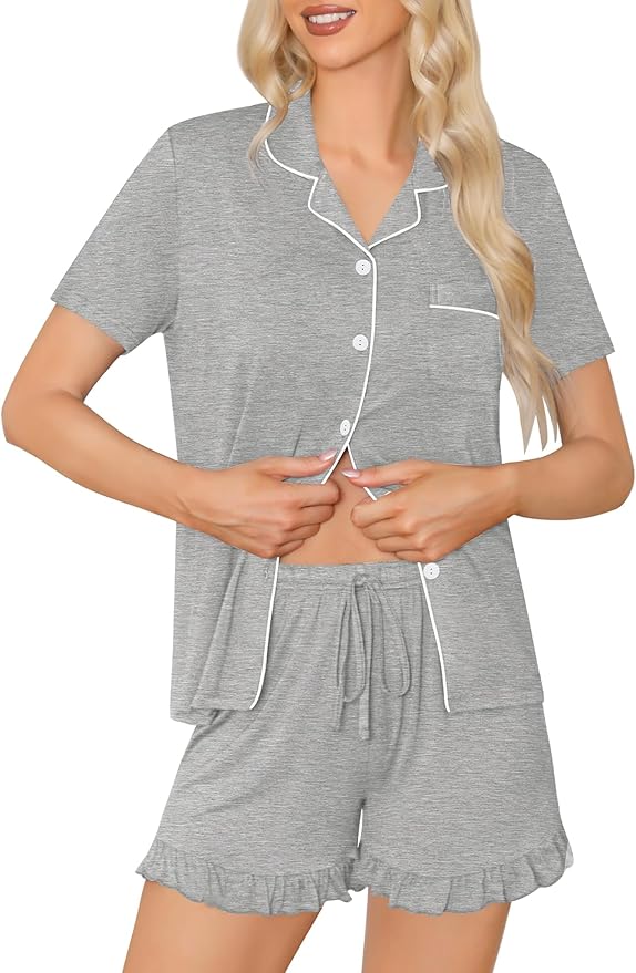 SWOMOG Womens Button Down Pajamas Set Short Sleeve Sleepwear Bride Soft Pj Lounge Sets XS-3XL