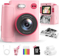 Instant Print Camera for Kids - 1080P HD Toddler Digital Camera for 3 4 5 6 7 8 9 10 Year Old Girls Boys, Christmas Birthday Gift with 32GB SD Card, Selfie Mode, Portable Travel Toy, Fun Filters- Pink