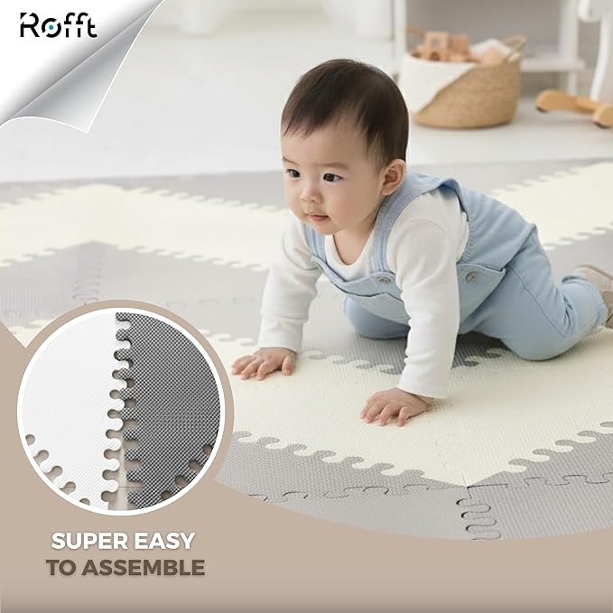 Little fun times Play Mat for Baby Large 72 Pieces, Assembled Total 64 x 64 inch 28,4 SqFt, Interlocking Floor Puzzle, EVA Tiles Playmat for Toddler and Kids, Two Colors Design with Edges.