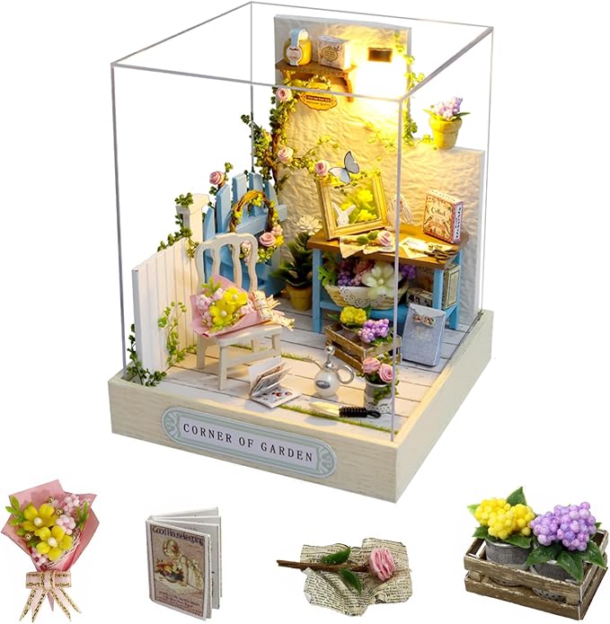 CUTEROOM DIY Doll House Miniature Furniture Wooden House Kit with Dust Cover & LED Light and Accessories -Corner of Garden