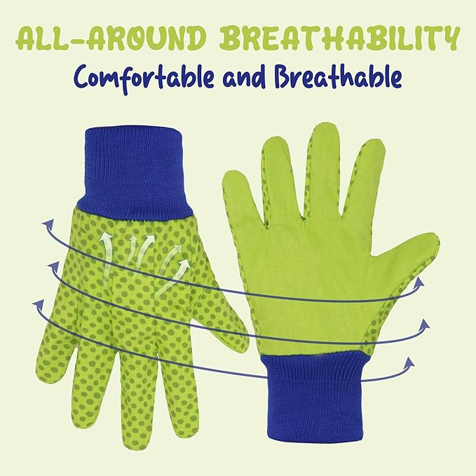 HANDLANDY 4 Pairs Kids Gardening Gloves, Girls Boys Children Garden Work Play Gloves (Green Dot, Small)