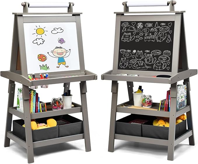 Costzon Kids Art Easel, 3 in 1 Double-Sided Wooden Easel w/Magnetic Whiteboard, Chalkboard & Paper Roll, 2-Tier Rack w/ 2 Storage Boxes, Standing Easel for Kids, Toddlers, Boys, Girls (Grey)