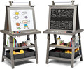Costzon Kids Art Easel, 3 in 1 Double-Sided Wooden Easel w/Magnetic Whiteboard, Chalkboard & Paper Roll, 2-Tier Rack w/ 2 Storage Boxes, Standing Easel for Kids, Toddlers, Boys, Girls (Grey)