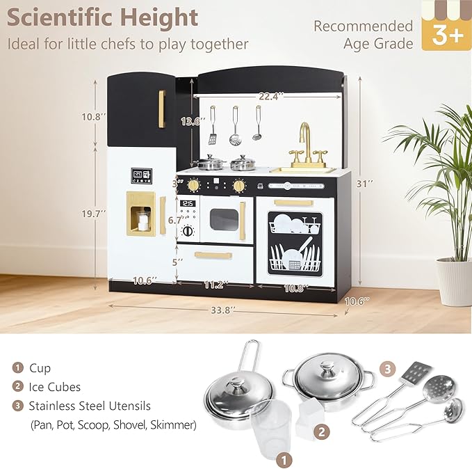Kinder King Wooden Kids Play Kitchen, Toy Kitchen Playset for Toddler, Play Kitchen Set w/Blackboard, Transparent Coloring Board, Pretend Dishwasher, Oven, Ice Maker, Gift for Boys Girls Age 3+, Black