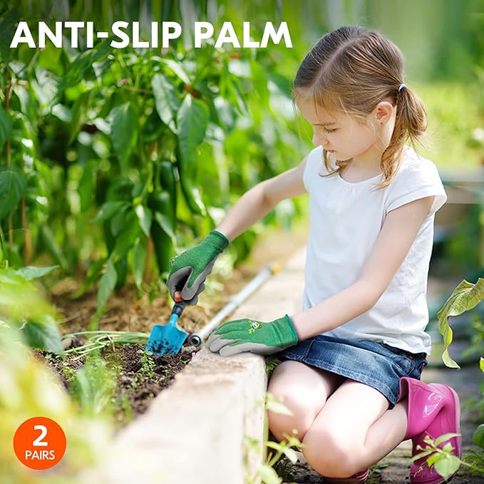 Vgo... 2-Pairs Age 3-5Kids Garden Gloves, Bamboo Fibre Toddler Gardening Gloves, Children Yard Safety Work Gloves,Rubber (Size XXXS, Green, KID-RB6026)
