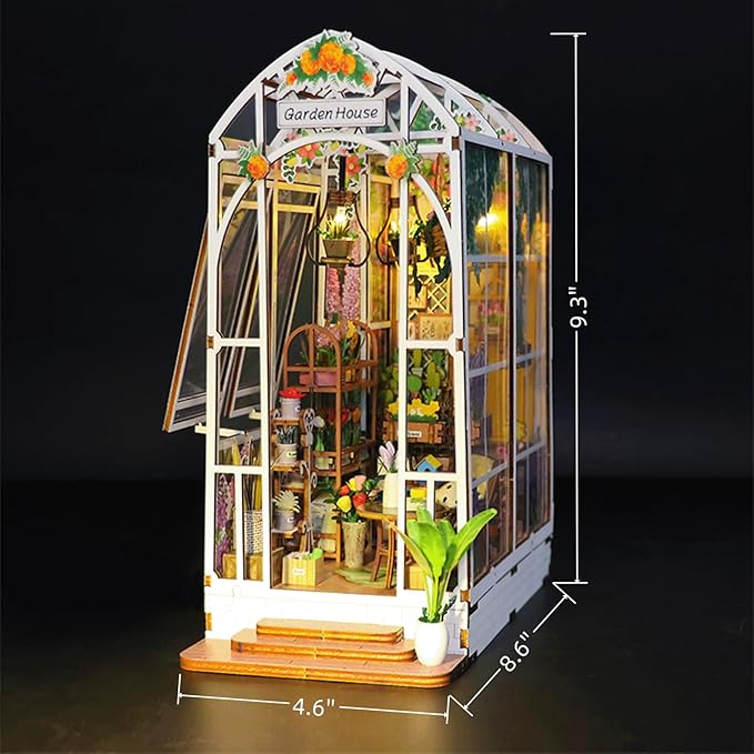 DIY Book Nook Kit with Music Box, 3D Wooden Puzzle Dollhouse with LED, Greenhouse Bookend for Adults and Teens, Bookshelf Decoration, Creative Gift for Friends and Family. Garden House