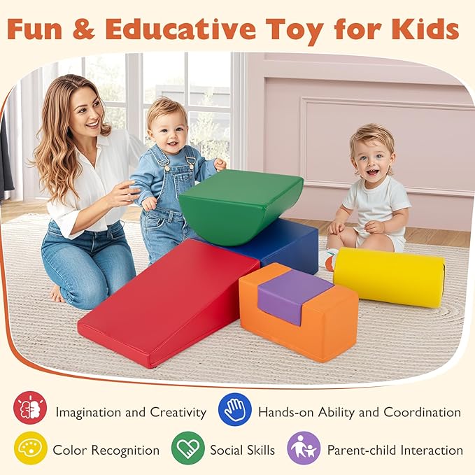 Costzon Toddler Climbing Toys, 6 Pieces Climb and Crawl Playset with PU Cover for Baby Crawling, Climbing & Walking, Indoor Foam Climbing Blocks for Toddlers (Rainbow)