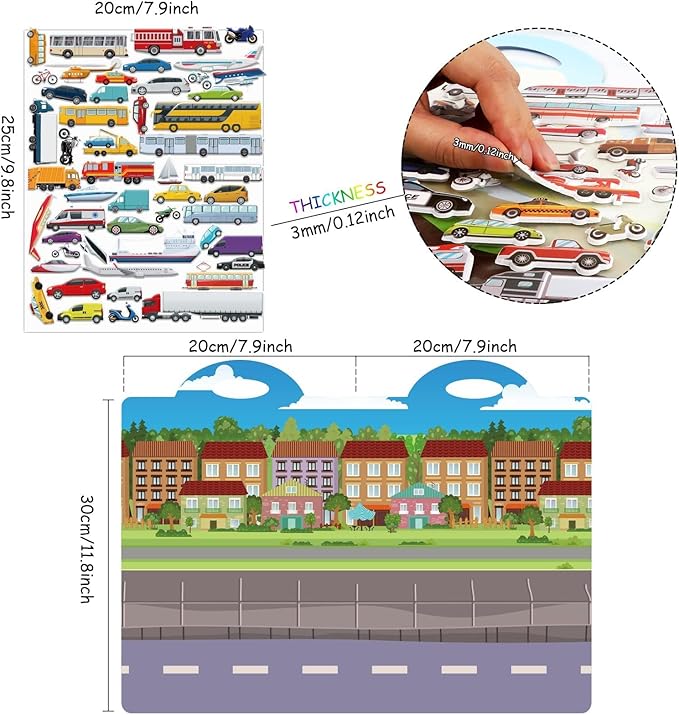 3D Transportation Puffy Sticker Play Set Kids 2-4 Toys Gifts Sticker Book Vehicles Cars Window Clings Decals for Toddlers Airplane Transportation Party Supplies Decorations 100 Reusable Puffy Stickers