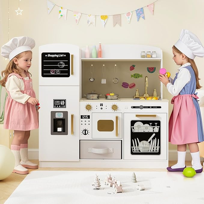 Costzon Kids Kitchen Playset, Wooden Pretend Play Kitchen w/Real Lights & Sounds, Chalkboard, Microwave, Ice Maker, Dishwasher, Sink, Cookware Accessories, Play Kitchen for Kids Ages 3+ (White)