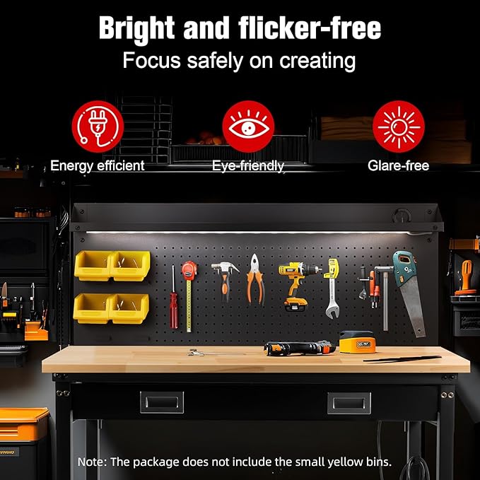 48" Workbench with Drawers, Work Benches for Garage with Strip Light, Adjustable Work Table with Large Pegboard, 2000 LBS Heavy Duty Table with Power Outlet Rubber Wood for Garage, Office