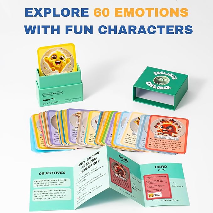Feelings Explorer – 60 Emotion Cards for Kids Ages 7+ | Social Emotional Learning Game with Questions & Activities | SEL Tool for Parents, Teachers & Therapists | Bonus Cards Included