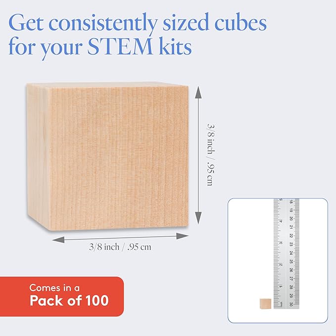 DIY Wooden Cubes 3/8-inch, Pack of 100 Small Blank Wooden Blocks, Unfinished Wood Blocks for Crafts, STEM, Dice, and Building Blocks for Stacking, by Woodpeckers