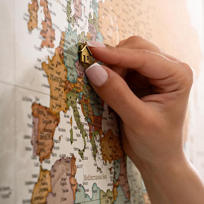 Canvas World Map with Cork Pin Board - English Lettering - Decorative Wall Decoration for All Rooms - Canvas Pictures with World Map Motif (120x80 cm, Pattern 22)