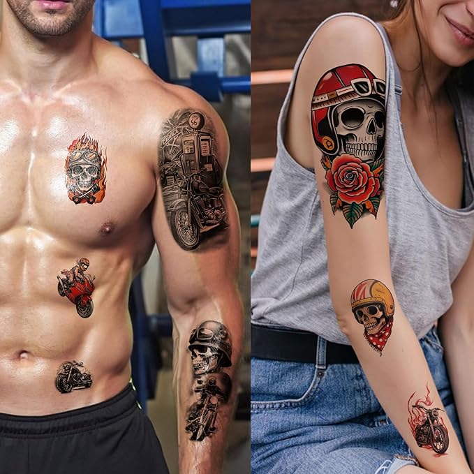 77 Sheets Temporary Tattoos, 17 Sheets Half Arm Motorcycle Skull Flame Flower Mechanical Fake Tattoos for Adults Shoulder Neck, 60 Sheets Tiny Temporary Tattoos Realistic for Men Women Boy Girl