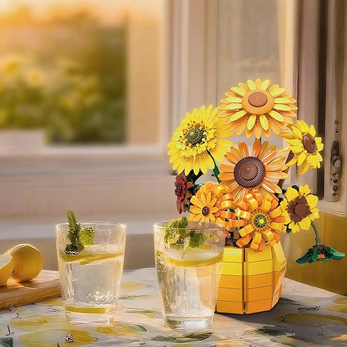 Sunflower Building Set Flowers with Vase for Adult, Compatible with Lego Flowers, 1009pcs Art Bonsai Botanical Collection for Home/Office Decor, Gifts for Mother's Day and Valentine's Day