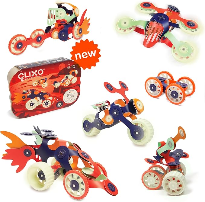 Clixo Mars Rover Pack - Glow-in-The-Dark Wheels Magnetic Building Toy - 30 Flexible Magnet Pieces for Galactic Exploration & Adventure. Award-nominated STEM Toy. Kids Gift & Travel. Ages 6+ [New]