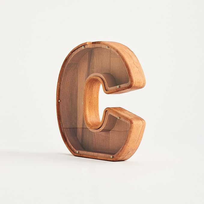 Personalized Wooden Piggy Bank – Custom Letter C Coin Bank in Beech Wood with Acrylic Front, Engraved Name Option, Money Saving Box for Kids and Adults