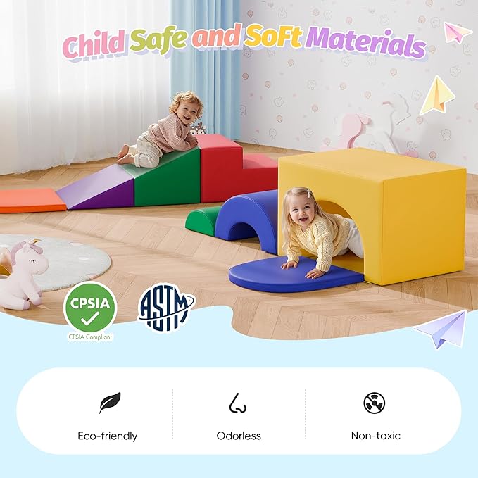 MU ‌Soft Climbing Toys for Toddlers, 7-Piece Baby Soft Foam Climbing Blocks, PU Leather Gym Climb and Crawl Activity Play Set, Indoor Climbing Toys for Kids and Children, Classic