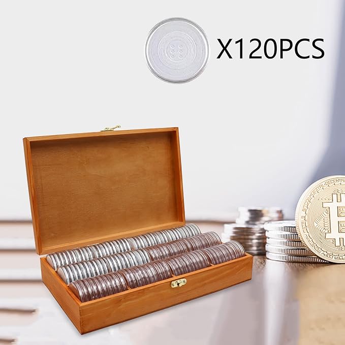 20-46 mm Wooden Coin Holder, 120 Pcs Highly Transparent Coin Capsules with Foam Gasket, Coins Collector Case Holder, Professional Coin Storage Case Box for Coin Collection (Bronze)
