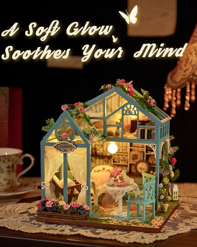 Miniature House Kit Floral Reverie, DIY Tiny House with Furniture & LED Lights, Miniature Dollhouse Kit for Adults & Teens, Creative Decoration Gift for Family Friends