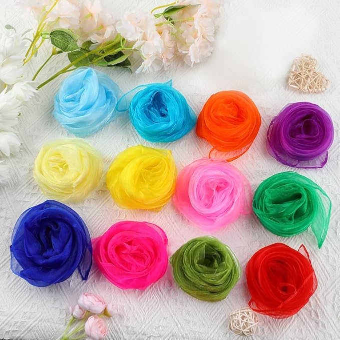 Juggling Scarves, Dance Scarves for Kids Play 12 PCS Square Silk Scarf Music Performance Props for Toddlers Children