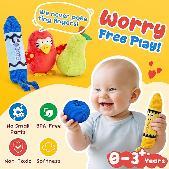 JoyCat Baby Toys 6-12 12-18 Months, Montessori Sensory Toys for 1 Year Old, 12 PCS Pushies with 4 Color Sorting Boxes, Animals Fruit Crinkle Crayon - Whats Inside Boy Girl