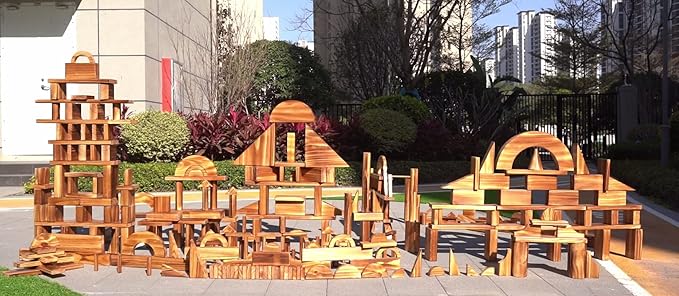 Vintage Solid Carbonized Wooden Building Blocks Set for Kids 3-12 Outdoor(43pcs,5.4 lbs), Table Sensory Wood Building Toys for Toddlers, Outside Wooden Blocks for Preschool
