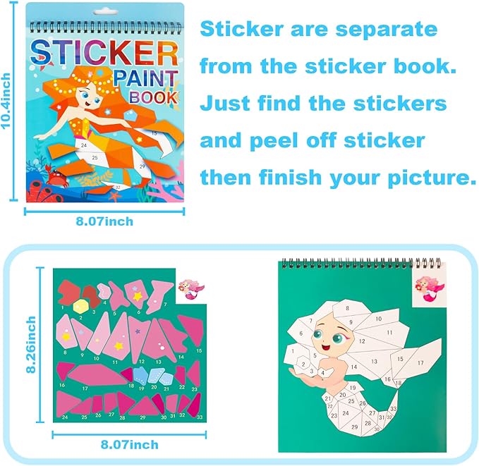 Mermaid Crafts Sticker Book for Kids Ages 4-8, Party Favor, Travel Activity Set