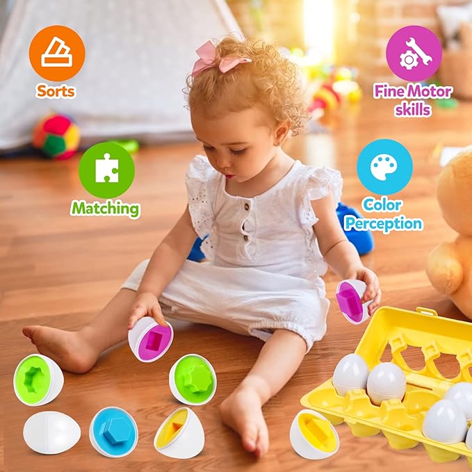 Montessori Geometric Eggs,12 pcs Set Color & Shape Egg Puzzle Toys Matching Eggs for Toddlers 1-3,Preschool Educational Sorting Game Fine Motor Toy Gifts for Kids Boys Girls