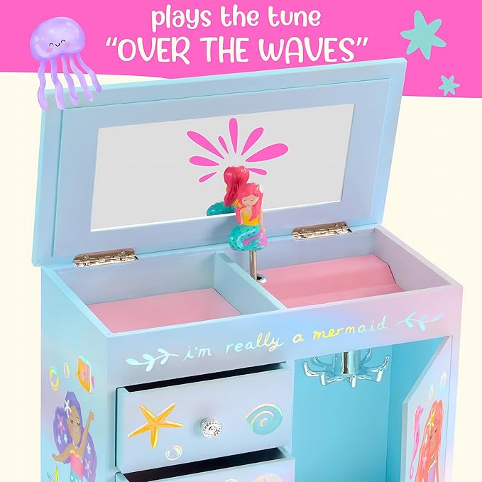 Mermaid Musical Jewelry Box for Girls - Kids Music Box with Drawers, Mermaid Mermaid Gifts for Girls, Mermaid Jewelry Boxes for Ages 3-10 - 9 x 5 x 9.3 in, Blue