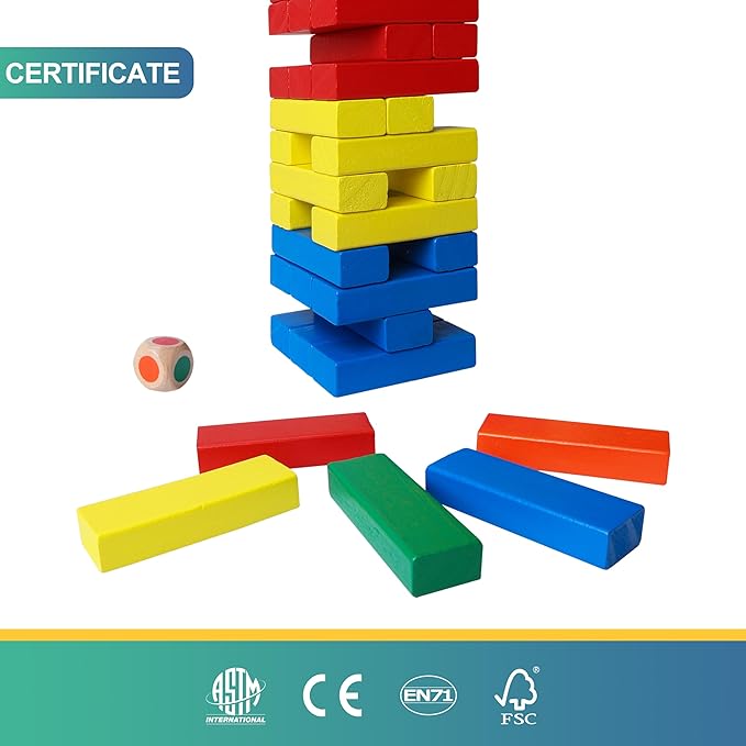 GOTHINK Wooden Blocks Stacking Game with Storage Box, 60PCS Toppling Colorful Tower Building Blocks Balancing Puzzles Montessori Toys Learning Sorting Family Games Educational Toys Gifts for Kids